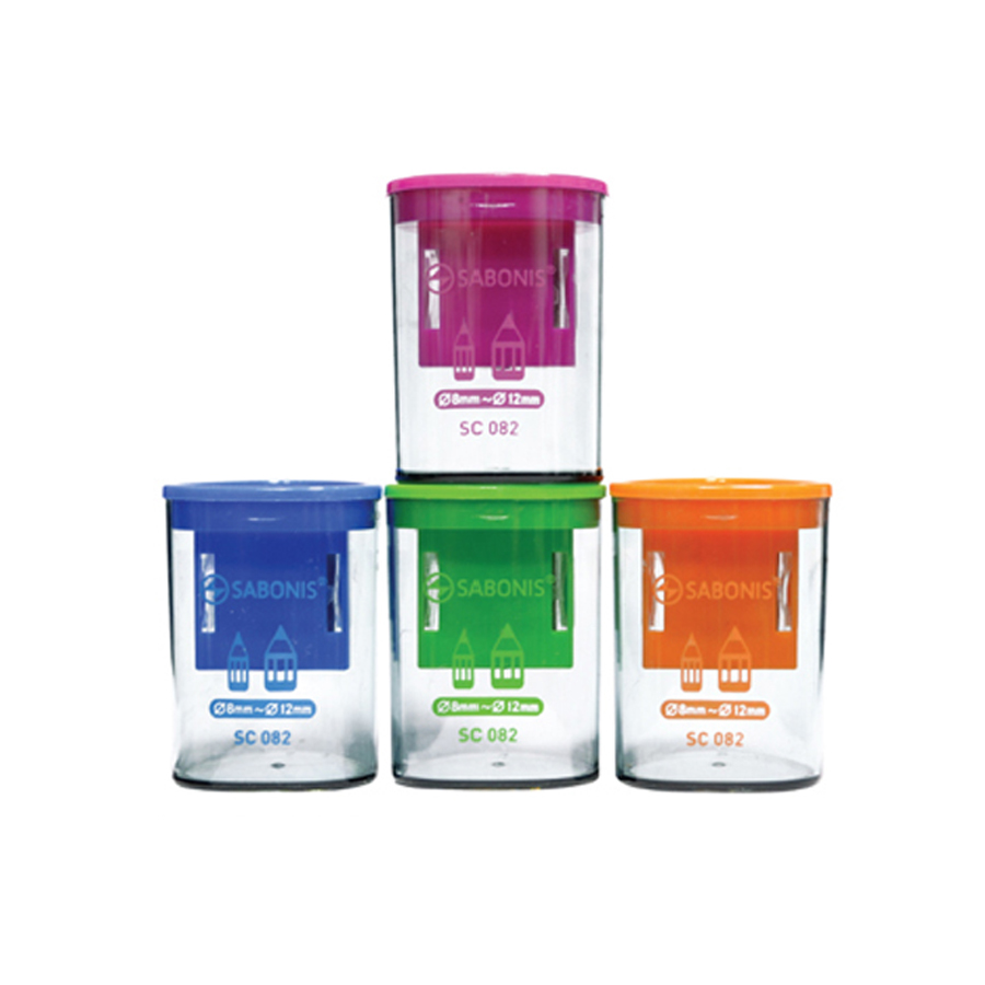 Sacapuntas 2 x 1 c/ recipiente.Doble orificio para distintos tamaños de punta. Cuchilla de acero con optima capacidad de afilado. Ideal para uso escolar y de oficina. 4 colores fluorescentes.Caja c/ 24 piezas.