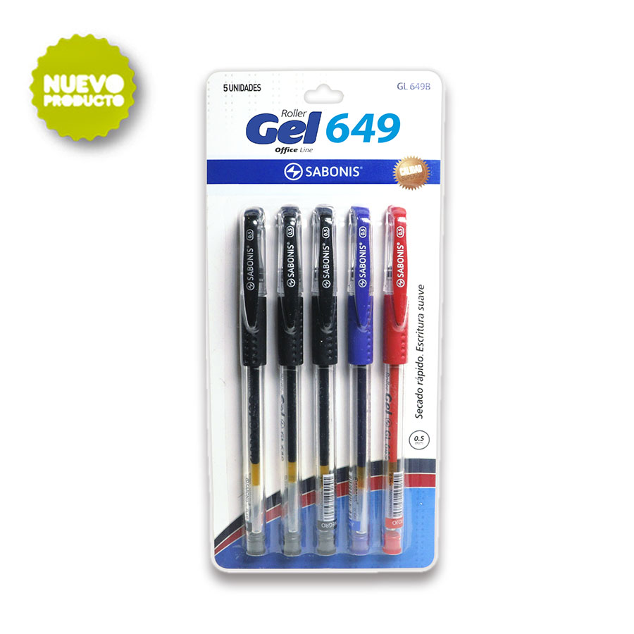 BOLIGRAFO DE GEL 0.5 MM.BLISTER C/ 5 PIEZAS 3 NEGRAS, 1 AZUL Y 1 ROJA
