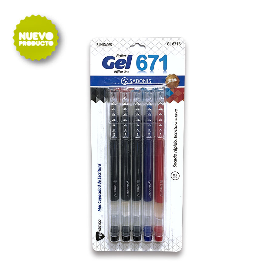BOLIGRAFO DE GEL 0.5 MM.BLISTER C/ 5 PIEZAS 3 NEGRAS, 1 AZUL Y 1 ROJA