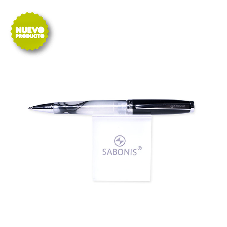 BOLÍGRAFO SABONIS CON CUERPO TIPO PIEDRA MARMOLADA CON CONTRASTES BLANCO Y NEGRO Y DETALLES CROMADOS.Precio unitario, incluye estuche.Color: Negro.Tinta: Negra.