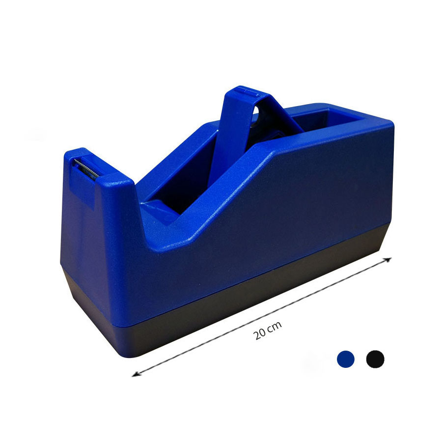 Despachador grande para cinta adhesiva.Color: Azul, negro y anaranjado.