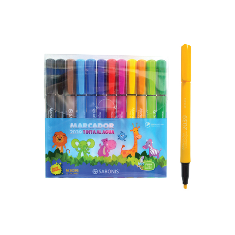 MARCADOR AL AGUA, PUNTA BISELADA DE TRAZO MEDIO.SET C/ 12 COLORES.