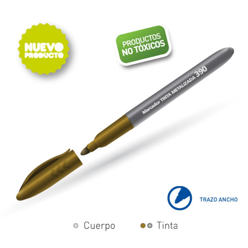 Marcadores tinta permanente metalizada oro y plata.Ideal para marcar en metal, plástico, cristal y tela. Punta de bala. Base alcohol. Calidad garantizada.Color: Oro y Plata.Caja c/ 12 piezas.