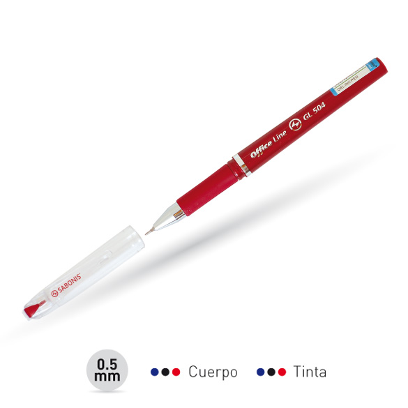 Gel office Line 0.5 mm.Secado rapido, escritura suave, no tóxico, con antiderrapante. Calidad garantizada.Cuerpo y tinta: Negro, azul y rojo.Caja x 12 pzas. por color.