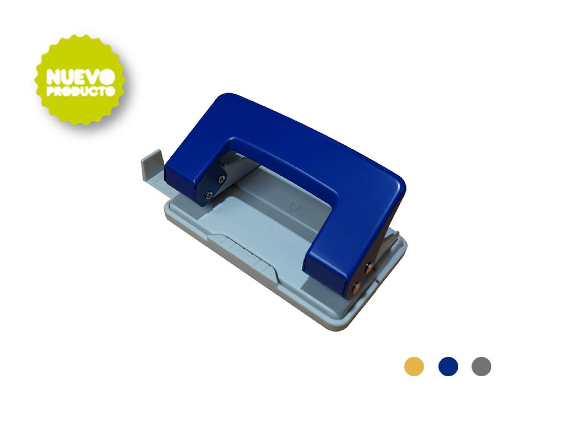 Perforadora metálica de 2 agujeros c/ regleta ajustable.Color: Azul y plata.