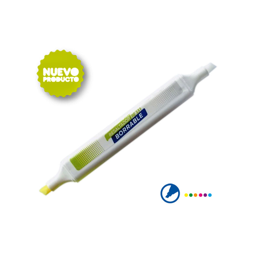 Resaltador borrable de punta biselada.Permite distintos trazos. Ideal para papel, copia, y fax. Tinta pigmentada universal. No tóxico. Certificado con ISO 9000. Calidad garantizada.Color: Amarillo, verde, naranja, rosa, morado y azul.Caja c/ 12 piezas.