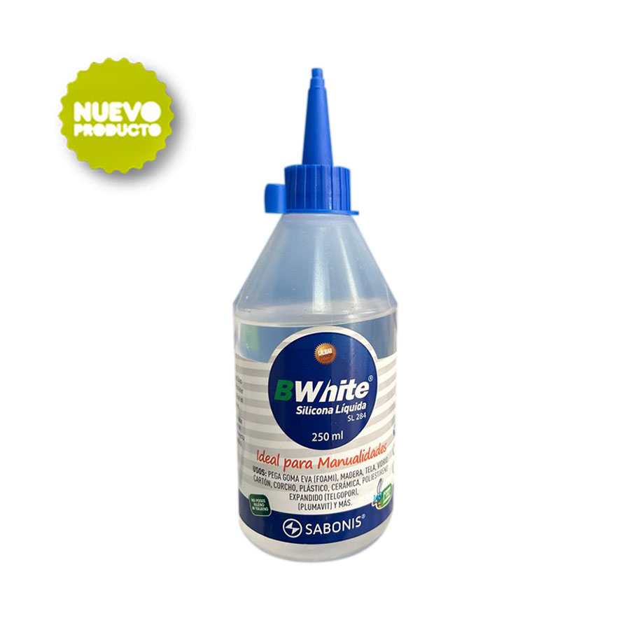 SL284Silicón líquido de 250 ml.Ideal para manualidades. Pega foami, madera, tela, virdrio, cartón, corcho, plástico, cerámica, etc.Caja c/ 6 piezas.