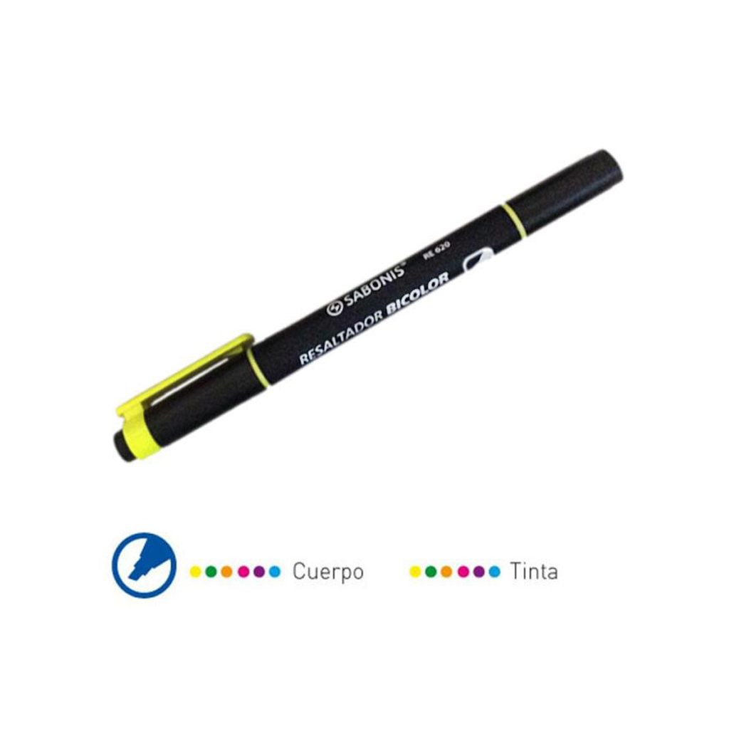 RESALTADOR DE 2 PUNTAS BISELADAS.Resaltador punta biselada.Tinta brillante base al agua apto para papel normal, copia y fax. Sus colores fuertes clarifican y exhiben el texto resaltado. Ideal para trabajos de oficina y escolares. Calidad garantizada.Color: Amarillo c/ rosa.Bote c/ 12 piezas por color.
