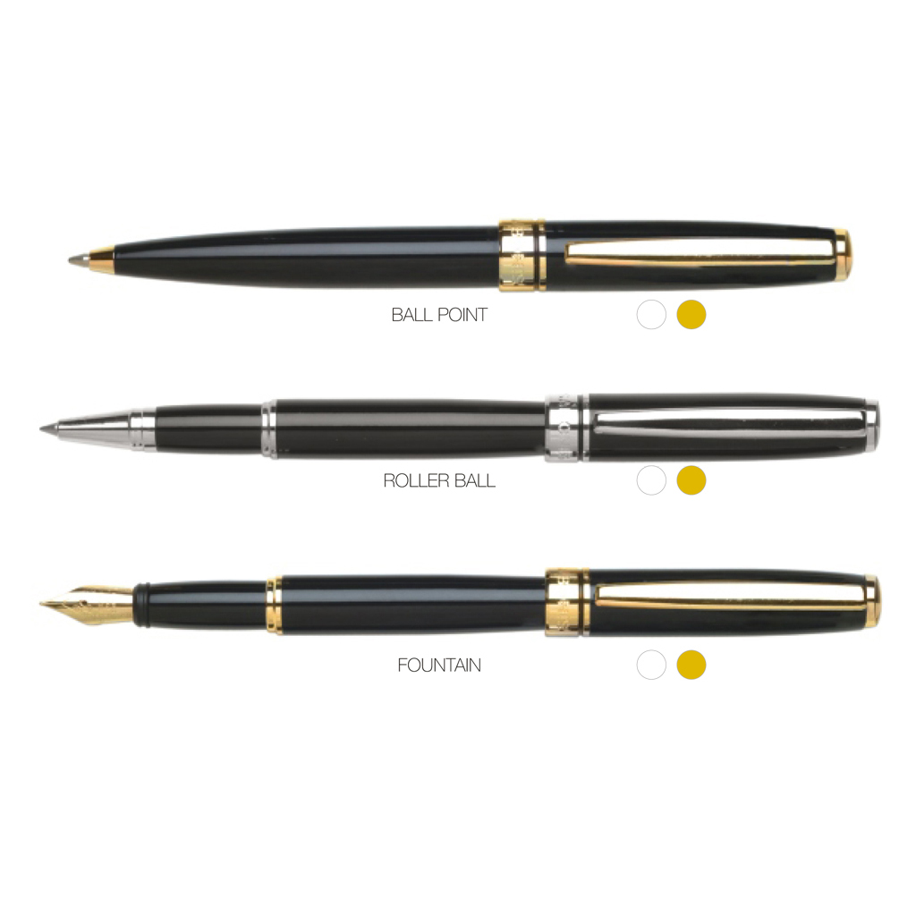 Bolígrafo de Metal, presentación también en Roller y Fuente.Elegante mecanismo para los que busquen la precisión técnica y una escritura perfecta. Con gama de colores elegantes y estilos técnicos de gran calidad.Precio unitario, incluye estuche.Color: Negro c/ oro y negro c/ plata.
